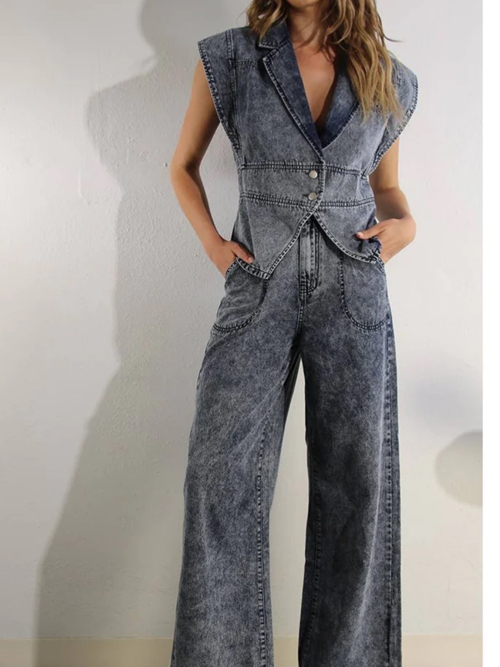 Gray Blue Acid-Wash Wide-Leg Pants & Vest set